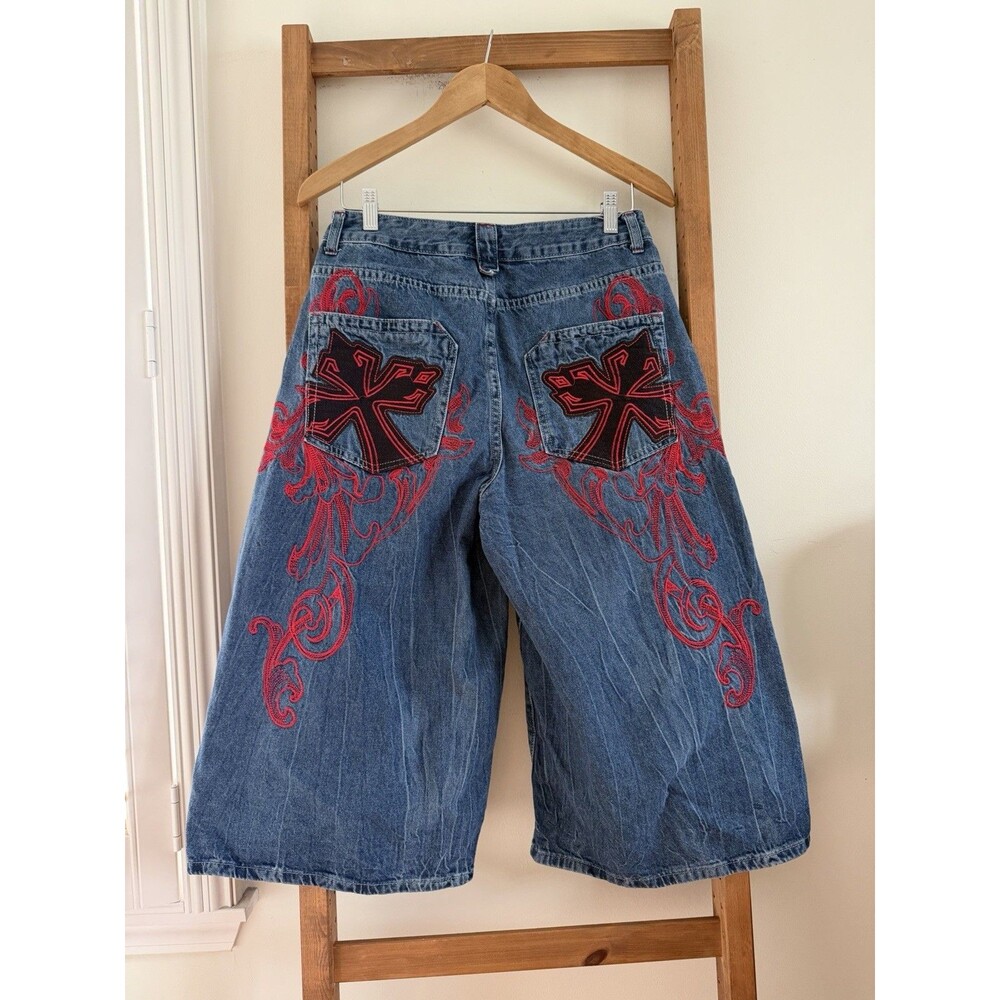 ROMWE Extra Baggy Street JNCO Style Vintage Vine Cross Embroidered Loose 7/8